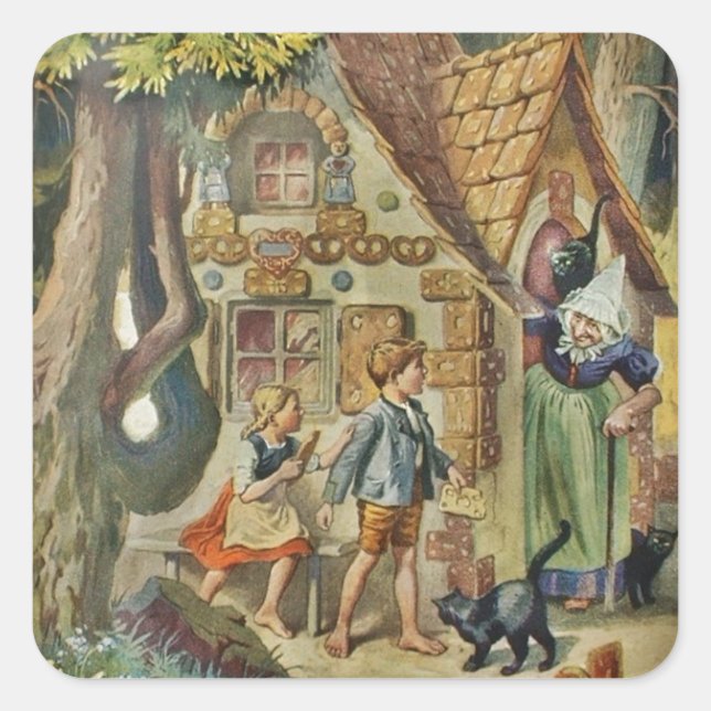 Pegatina Cuadrada Hansel y Gretel en la Casa de Brujas (Anverso)