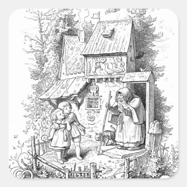 Pegatina Cuadrada Hansel y Gretel se encuentran con la bruja (Anverso)