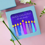 Pegatina Cuadrada Hanukkah Audaces Velas Azul Paz Nombre de la Luz d<br><div class="desc">"Paz, amor y luz". Un ilustracion juguetón, moderno y artístico de velas de patrón boho te ayuda a iniciar las vacaciones de Hanukkah. Las variadas velas azules con coloridos patrones de Relieve metalizado falsos superponen un fondo rico y azul profundo con texturas. Sienta el calor y la alegría de la...</div>