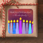 Pegatina Cuadrada Hanukkah Blue Boho Velas Rojas Paz Luz de Amor<br><div class="desc">"Paz, amor y luz". Un ilustracion juguetón, moderno y artístico de velas de patrón boho te ayuda a iniciar las vacaciones de Hanukkah. Las variadas velas azules con coloridos patrones de Relieve metalizado falsos superponen un fondo rico y profundo naranja rojo quemado en textura. Sienta el calor y la alegría...</div>