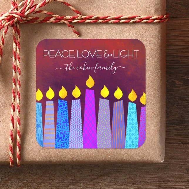 Pegatina Cuadrada Hanukkah Blue Boho Velas Rojas Paz Luz de Amor (Subido por el creador)