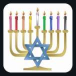 Pegatina Cuadrada Hanukkah Candles Rainbow Gold Menorah<br><div class="desc">Está viendo la colección Lee Hiller Designs of Home and Office Decor, Apparel, Gifts and Collectibles. Los diseños incluyen la fotografía Lee Hiller y la colección de arte digital de medios mixtos. Puedes ver su fotografía de la naturaleza en http://HikeOurPlanet.com/ y seguir su blog de senderismo dentro del Parque Nacional...</div>