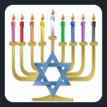 Pegatina Cuadrada Hanukkah Candles Rainbow Gold Menorah<br><div class="desc">Está viendo la colección Lee Hiller Designs of Home and Office Decor, Apparel, Gifts and Collectibles. Los diseños incluyen la fotografía Lee Hiller y la colección de arte digital de medios mixtos. Puedes ver su fotografía de la naturaleza en http://HikeOurPlanet.com/ y seguir su blog de senderismo dentro del Parque Nacional...</div>