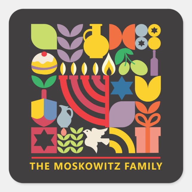 Pegatina Cuadrada Hanukkah Chanukah Menorah Dreidel Símbolos Judíos (Anverso)