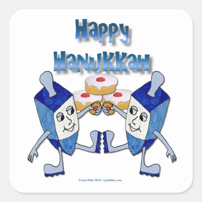 Pegatina Cuadrada Hanukkah Dancing Dreides y Jelly Doughnut (Anverso)