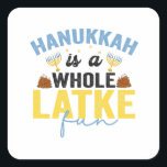 Pegatina Cuadrada Hanukkah es un divertido Chanuka judío completamen<br><div class="desc">divertido,  hanukkah,  chanukah,  regalo,  cumpleaños,  latke,  jewish,  vacaciones,  menorah,  dreidel</div>