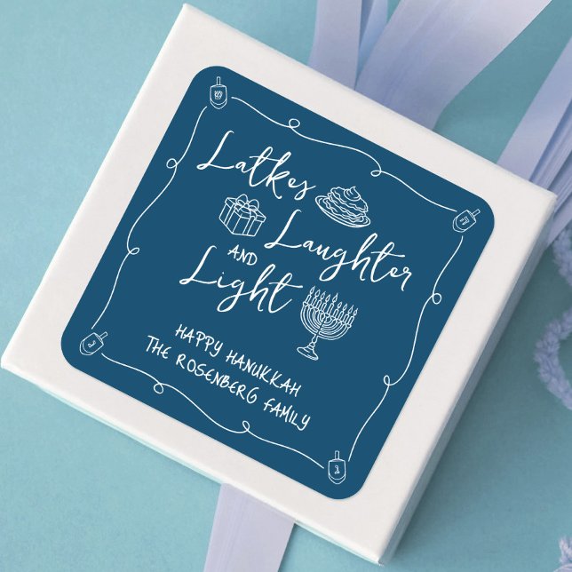 Pegatina Cuadrada Hanukkah Latkes Laughter Light Navy Hand Drawn Fun (Subido por el creador)