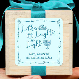 Pegatina Cuadrada Hanukkah Latkes Laughter Light Teal Hand Drawn Fun