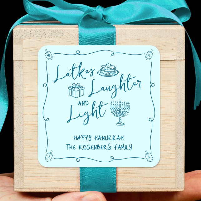 Pegatina Cuadrada Hanukkah Latkes Laughter Light Teal Hand Drawn Fun (Subido por el creador)
