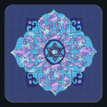Pegatina Cuadrada Hanukkah Mandela<br><div class="desc">Azules de todos los matices,  lila y lavanda en forma de flor mandela con una estrella nubierta de seis lados en el centro es una gran manera de celebrar Hanukkah y expresar tu individualidad al mismo tiempo.</div>
