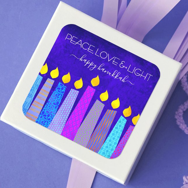 Pegatina Cuadrada Hanukkah Paz Moda de amor Boho Patrón Velas Azul (Subido por el creador)
