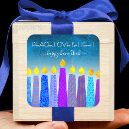 Pegatina Cuadrada Hanukkah Peace Love Blue Boho Candles Turquoise