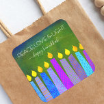 Pegatina Cuadrada Hanukkah Peace Love Light, Blue Boho Candles Green<br><div class="desc">"Paz, amor y luz". Un ilustracion juguetón, moderno y artístico de velas de patrón boho te ayuda a iniciar las vacaciones de Hanukkah. Las variadas velas azules con coloridos estampados de Relieve metalizado falso cubren un fondo rico y verde y texturado. Sienta el calor y la alegría de la temporada...</div>