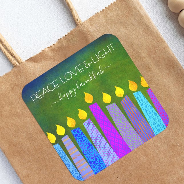Pegatina Cuadrada Hanukkah Peace Love Light, Blue Boho Candles Green (Subido por el creador)