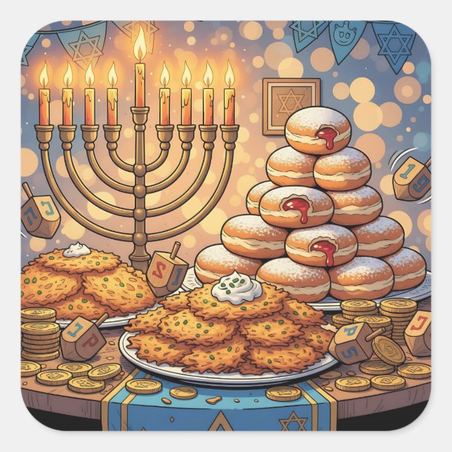 Pegatina Cuadrada Hanukkah Potato Pancakes, Menorah and Jelly Rolls (Anverso)