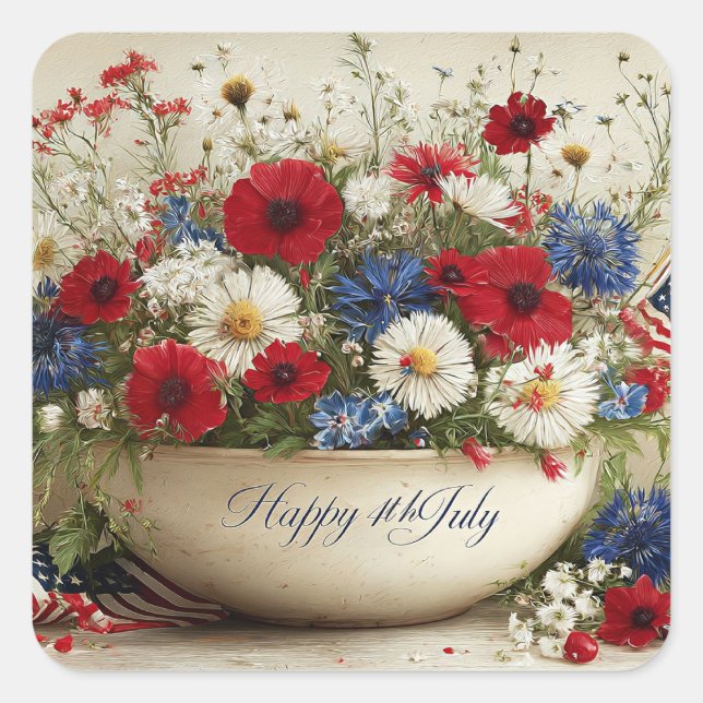 Pegatina Cuadrada Happy 4th of July (Anverso)