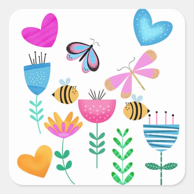 Pegatina Cuadrada Happy Bee Garden (Anverso)