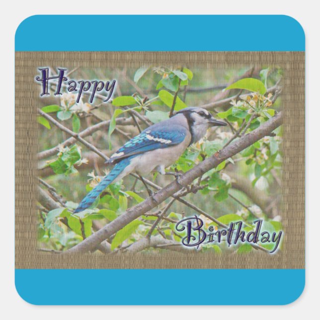 Pegatina Cuadrada Happy Birday Blue Jay (Anverso)