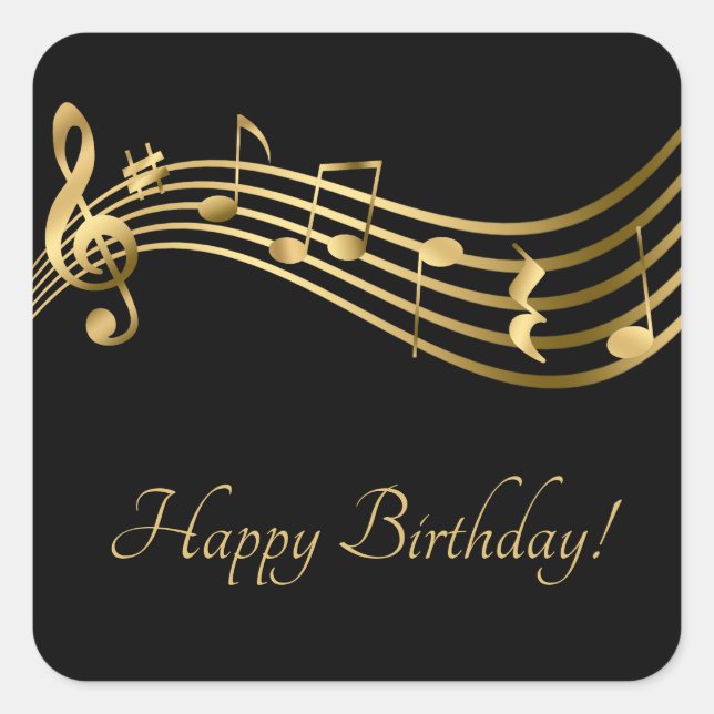 Pegatina Cuadrada Happy Birday Musical Notes Black&Gold Elegant (Anverso)