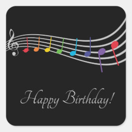Pegatina Cuadrada Happy Birday Musical Notes Black&Silver Elegant