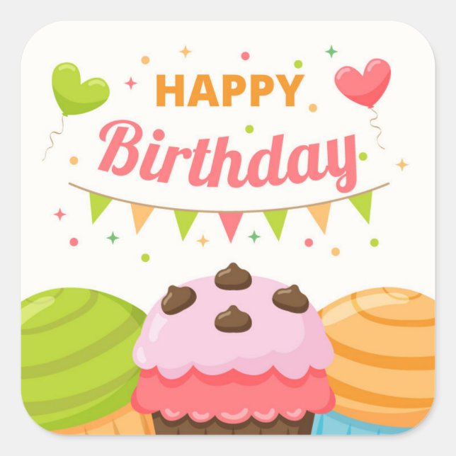 Pegatina Cuadrada Happy Birthday (Anverso)