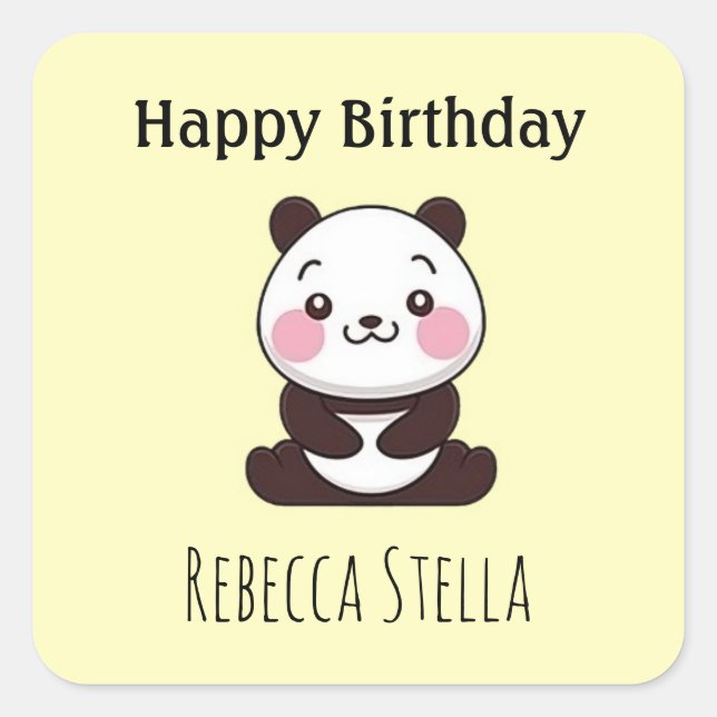 Pegatina Cuadrada Happy birthday cute panda bear yellow (Anverso)