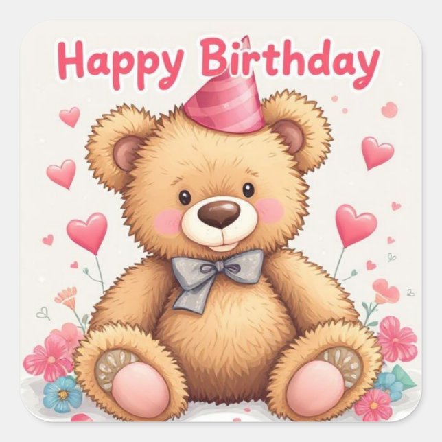 Pegatina Cuadrada Happy Birthday Cute Teddy Bear with Pink Hearts (Anverso)