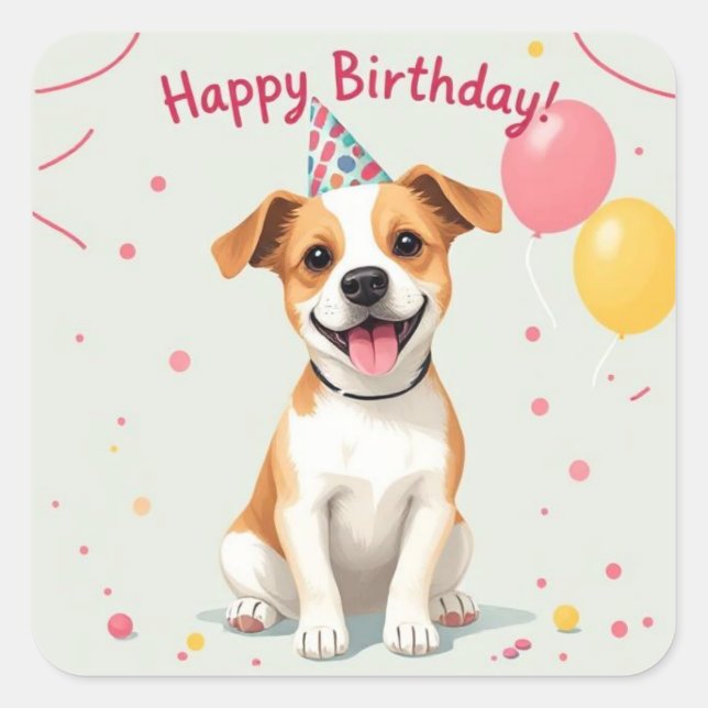 Pegatina Cuadrada Happy Birthday Dog with Party Hat & Balloons (Anverso)