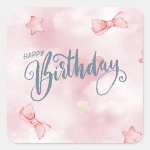 Pegatina Cuadrada Happy Birthday Elegant Pink Pastel