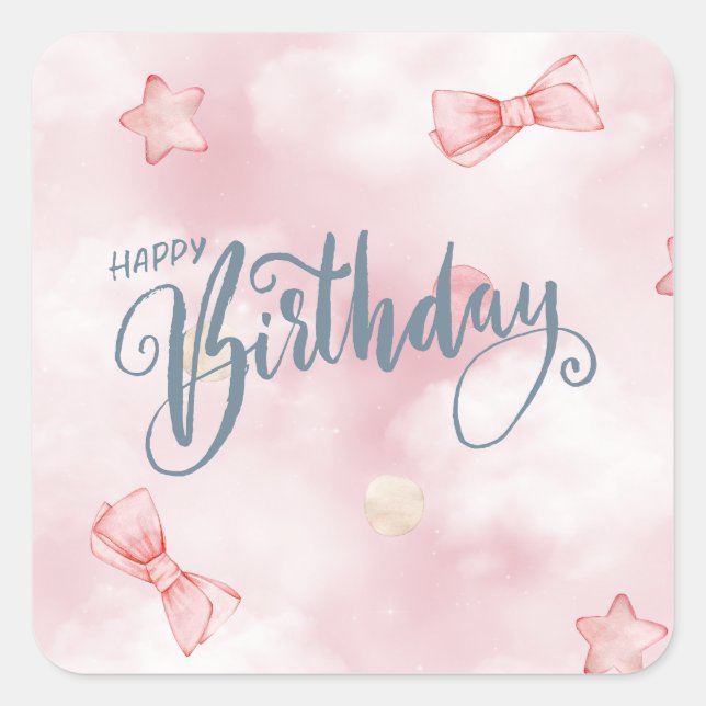 Pegatina Cuadrada Happy Birthday Elegant Pink Pastel (Anverso)