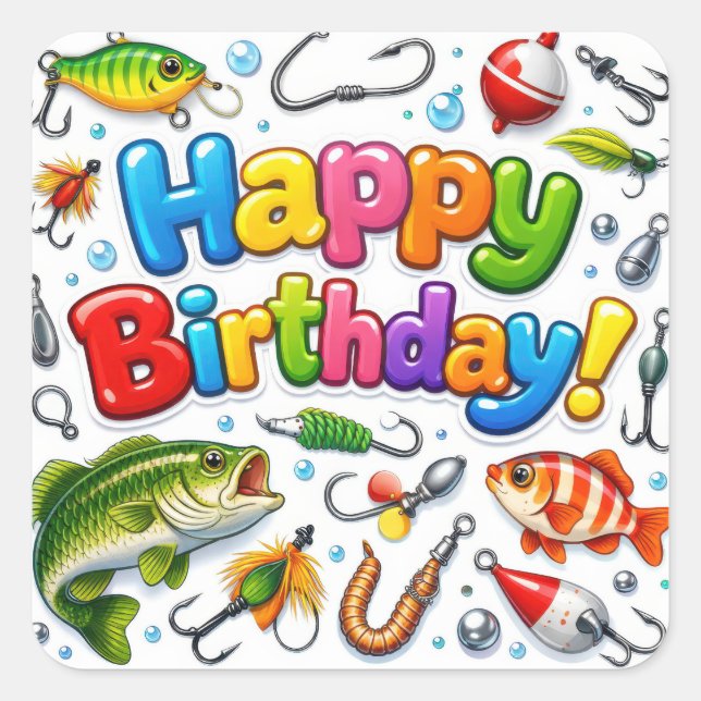 Pegatina Cuadrada Happy Birthday Fish, Lures and Hooks (Anverso)