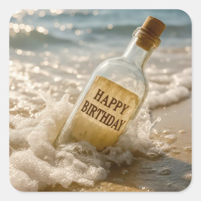 Pegatina Cuadrada Happy Birthday Message in a Bottle (Anverso)