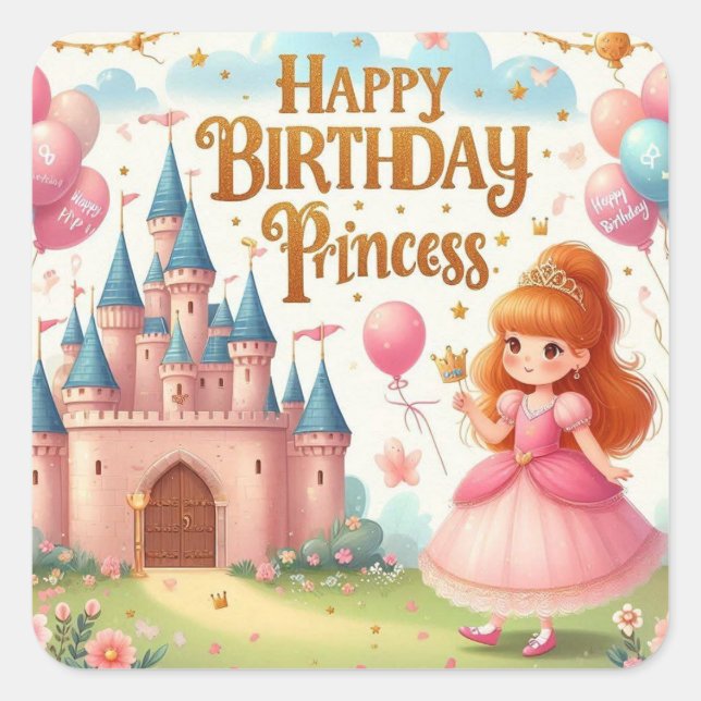 Pegatina Cuadrada Happy Birthday Princess – Cute Pink Party Sticker  (Anverso)