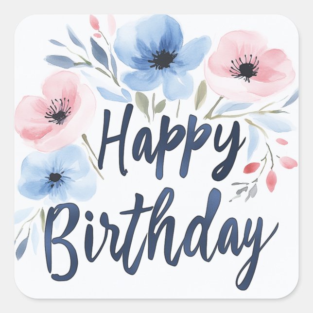 Pegatina Cuadrada Happy Birthday Sticker - Typ Blumen (Anverso)