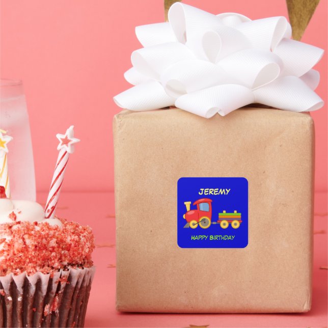 Pegatina Cuadrada Happy Birthday, Toy Train, template, (Fiesta)