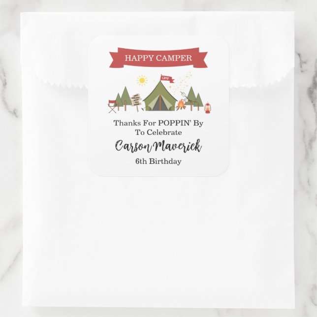 Pegatina Cuadrada Happy Camper Adventure Birthday (Bolso)