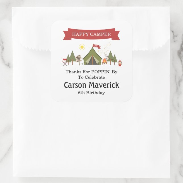 Pegatina Cuadrada Happy Camper Adventure Birthday (Bolso)