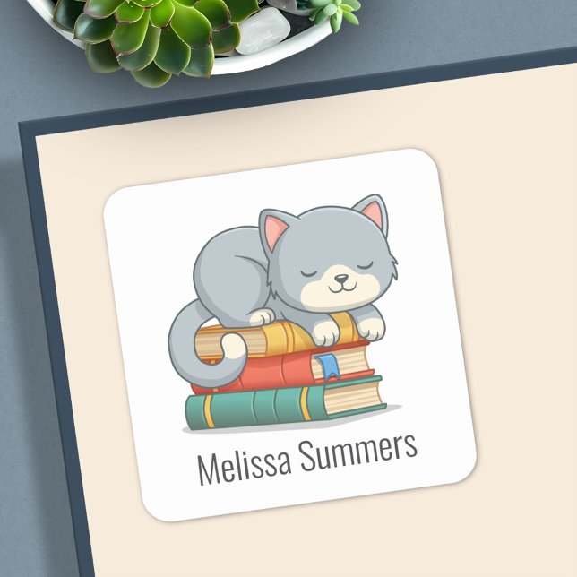 Pegatina Cuadrada Happy Cat Book Stack Custom Name Bookplate (Subido por el creador)