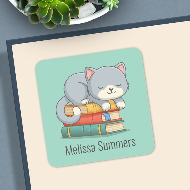 Pegatina Cuadrada Happy Cat Book Stack Custom Name Bookplate Green (Subido por el creador)