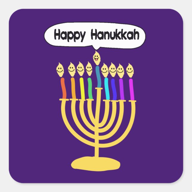 Pegatina Cuadrada Happy Channukah Menora / Chanukia (Anverso)