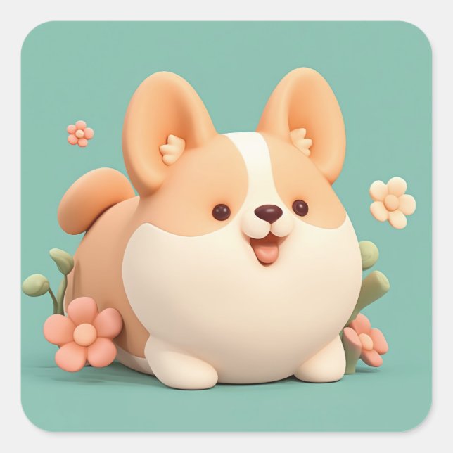 Pegatina Cuadrada Happy Chubby Clay Corgi (Anverso)