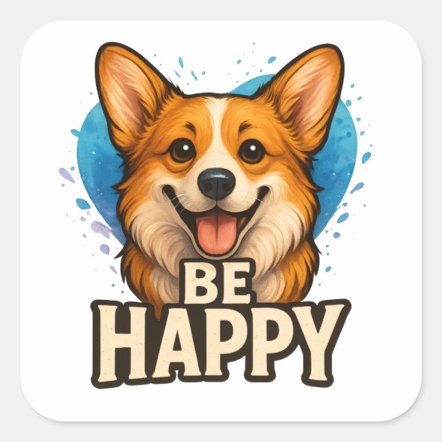 Pegatina Cuadrada  Happy Corgi Cute Dog Lover Design for Positive (Anverso)