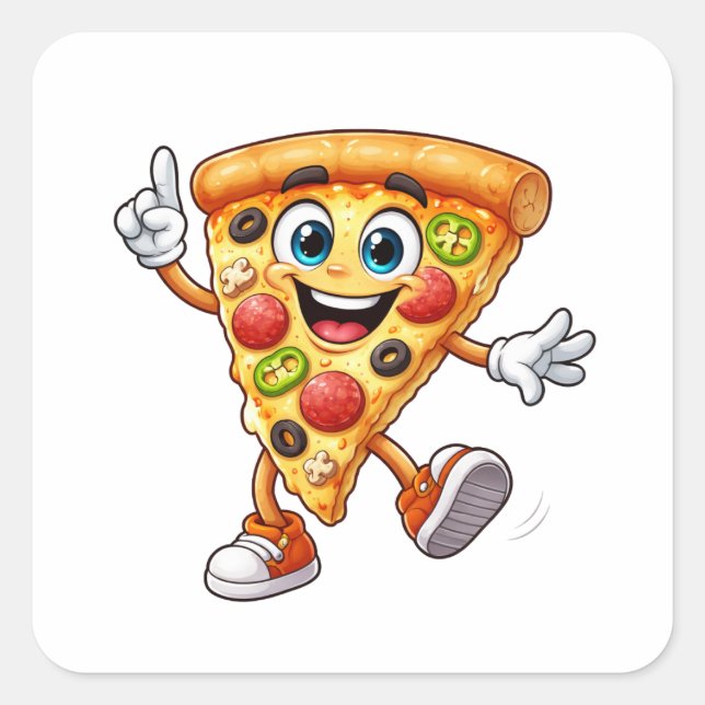 Pegatina Cuadrada Happy Dancing Pizza Slice Cartoon Sticker (Anverso)