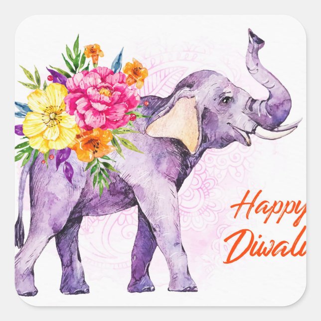 Pegatina Cuadrada Happy Diwali (Elephant with Colorful Flowers) (Anverso)