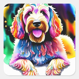 Pegatina Cuadrada Happy Dog Goldendoodle Watercolor Design