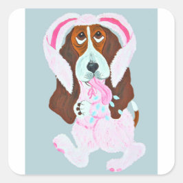 Pegatina Cuadrada Happy Easter Basset Hound Easter Bunny