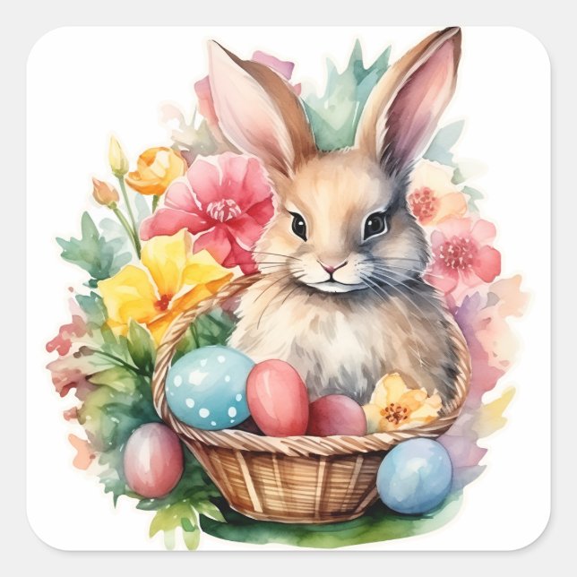 Pegatina Cuadrada Happy Easter Bunny Watercolor (Anverso)