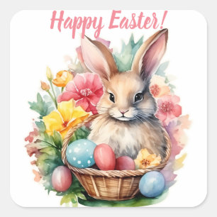 Pegatina Cuadrada Happy Easter Bunny Watercolor