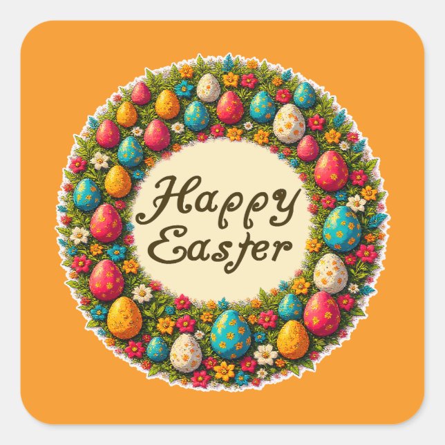 Pegatina Cuadrada Happy Easter – Classic Wreath Design Autocolante (Anverso)