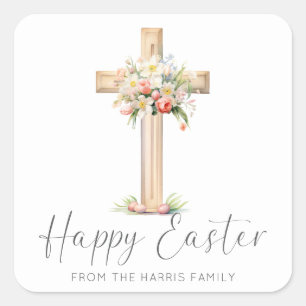 Pegatina Cuadrada Happy Easter Cross Floral